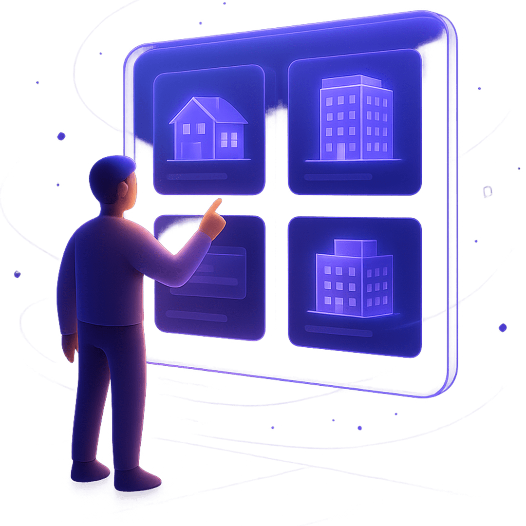 Illustration of a person browsing property listings on a large screen.