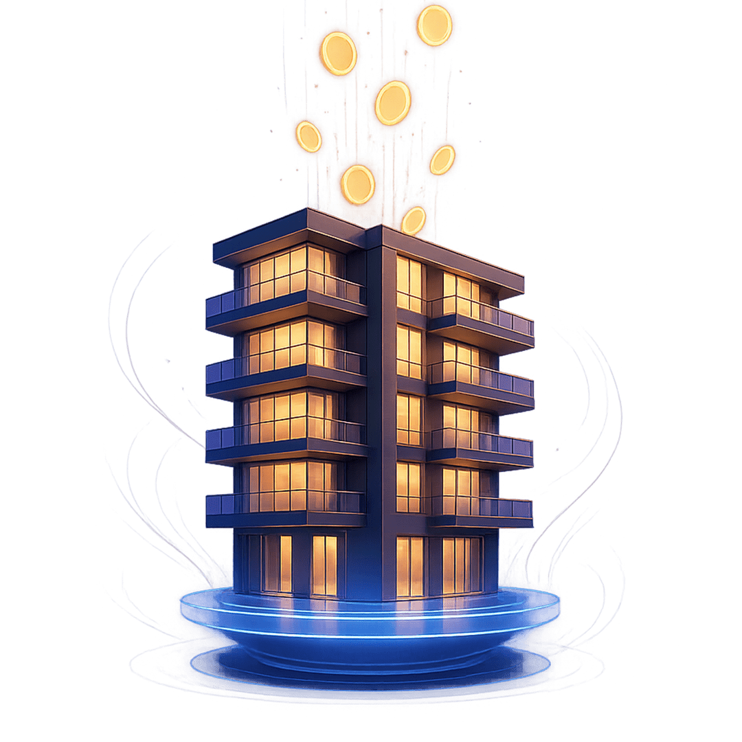 An illustration of an apartment building with gold coins flowing out, representing monthly earnings.
