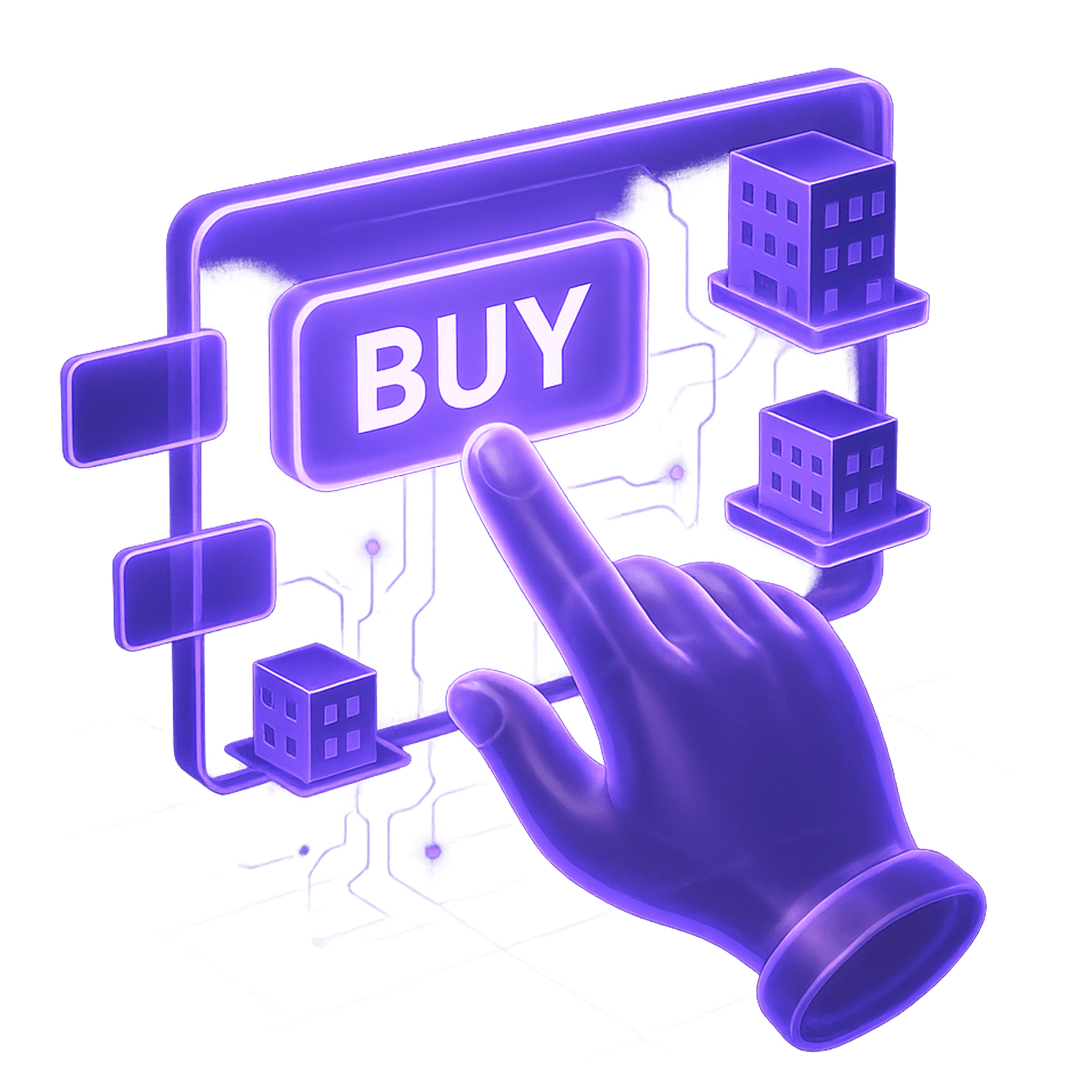 An icon showing a hand clicking a 'buy' button for a property share.